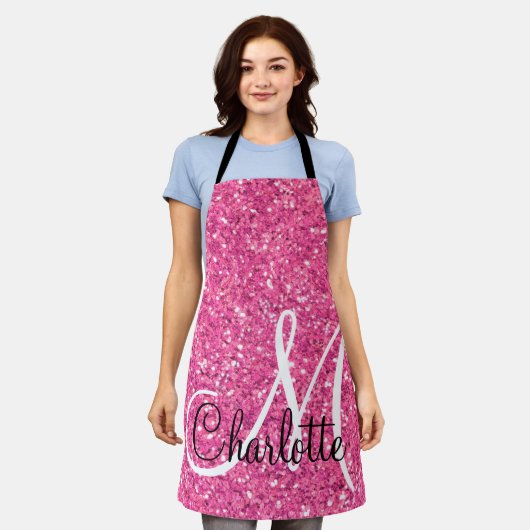Rosa funkelnder Glitzer mit Monogramm Schürze (Getragen)