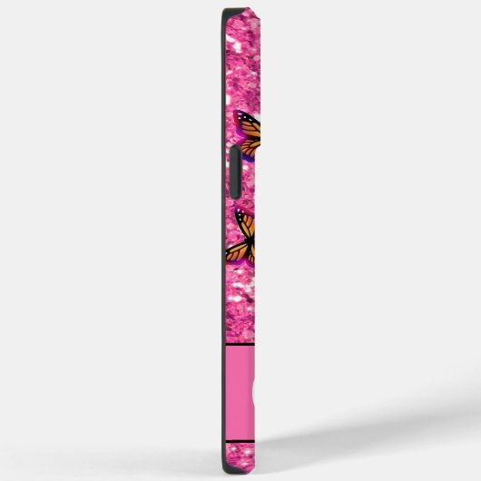 Rosa funkelnder Glitzer, orange-rosa Schmetterling Case-Mate iPhone Hülle (Rückseite / Rechts)