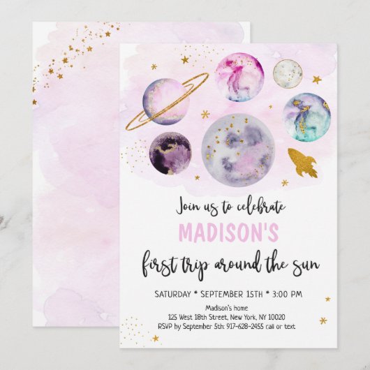 Rosa Galaxy Erster Ausflug rund um die Sonne Gebur Einladung (Vorne/Hinten)