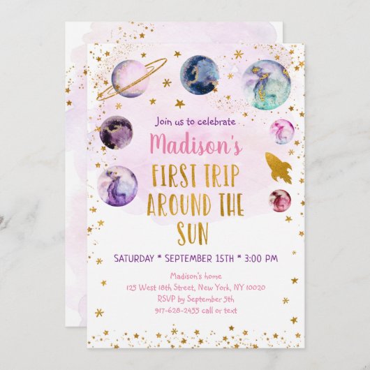 Rosa Galaxy Erster Ausflug rund um die Sonne Gebur Einladung (Vorne/Hinten)