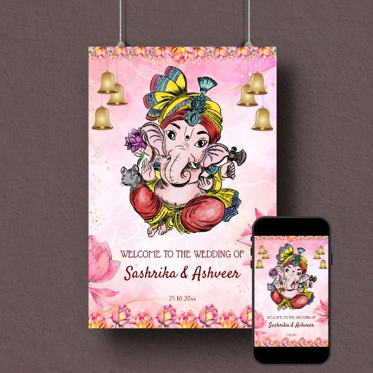 Rosa Ganesha lotus Indischer Hochzeitsempfang Poster