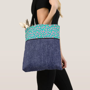 Rosa Gänseblümchen und Jeansstoff Tasche