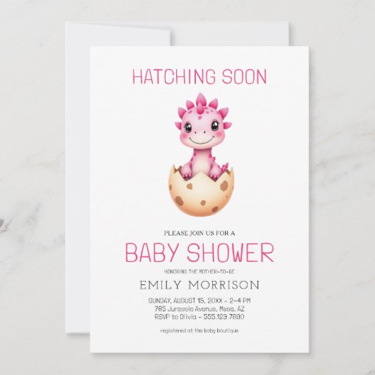 Rosa Ganze in einem Dinosaurier Schlucken bald Bab Einladung (Vorderseite)