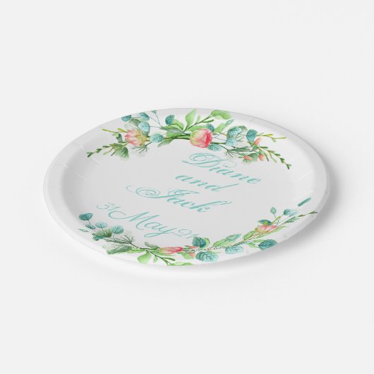 Rosa Garten Wasserfarbe Rose Bouquet Pappteller (Schrägansicht)