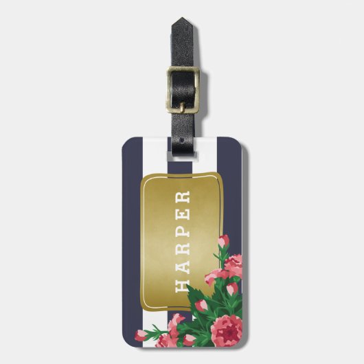 Rosa Gartennelken u. blaue Streifen-individueller Gepäckanhänger (Vorderseite vertikal)