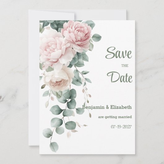 Rosa Gärtnererbse Eukalyptusblätter Save the Date Einladung (Vorderseite)