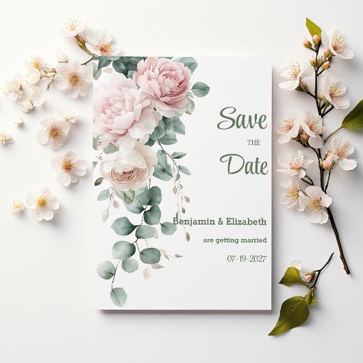 Rosa Gärtnererbse Eukalyptusblätter Save the Date Einladung