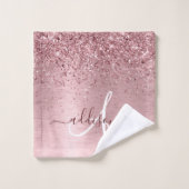 Rosa gebürsteter Glitzer Monogramm Name Badhandtuch Set (Waschlappen)