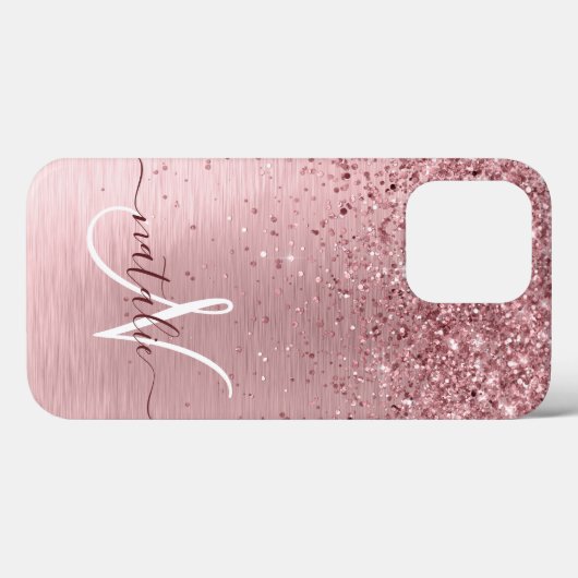 Rosa gebürsteter Glitzer Monogramm Name Case-Mate iPhone Hülle (Rückseite (Horizontal))