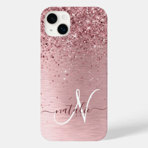 Rosa gebürsteter Glitzer Monogramm Name Case-Mate iPhone 14 Plus Hülle