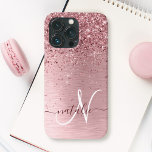 Rosa gebürsteter Glitzer Monogramm Name Case-Mate iPhone Hülle<br><div class="desc">Dieses schicke und schicke Gehäuse mit hübschem,  schwarz-rosa funkelndem Glitzer auf einem rot-rosa gebürsteten metallischen Hintergrund ist einfach zu personalisieren.</div>