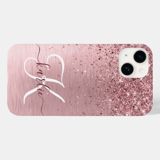 Rosa gebürsteter Glitzer Monogramm Name Case-Mate iPhone Hülle (Rückseite (Horizontal))