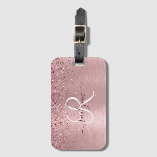Rosa gebürsteter Glitzer Monogramm Name Gepäckanhänger (Vorderseite Vertikal)