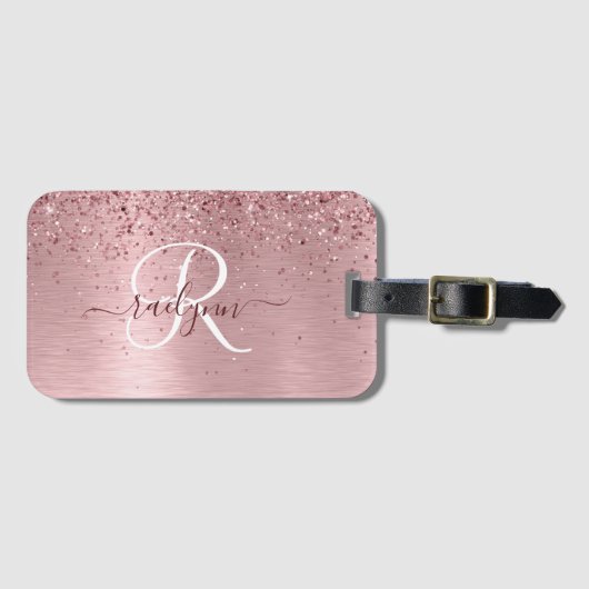 Rosa gebürsteter Glitzer Monogramm Name Gepäckanhänger (Vorderseite (Horizontal))