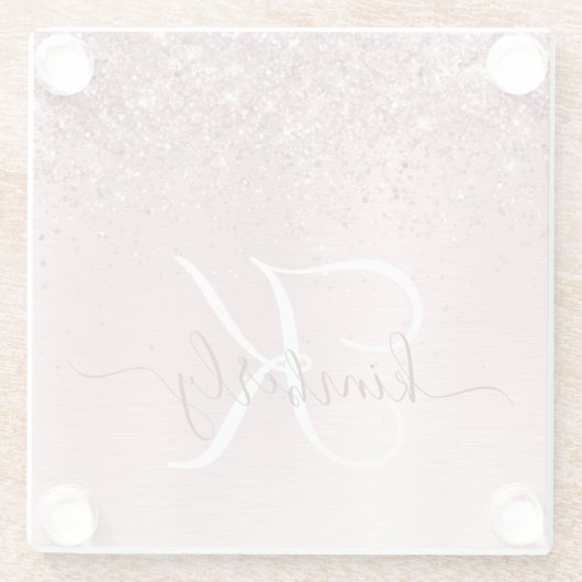 Rosa gebürsteter Glitzer Monogramm Name Glasuntersetzer (Rückseite)