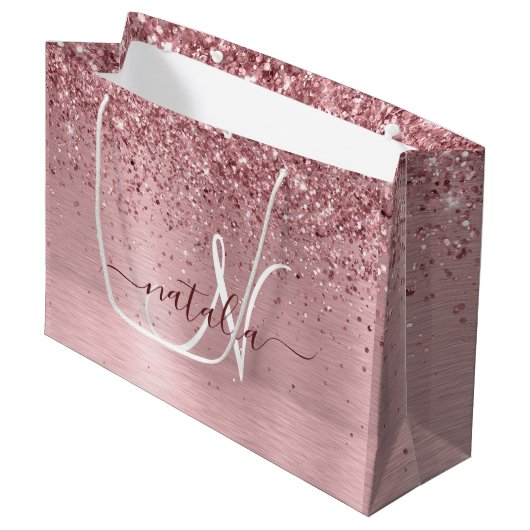 Rosa gebürsteter Glitzer Monogramm Name Große Geschenktüte (Vorderseite Schrägansicht)