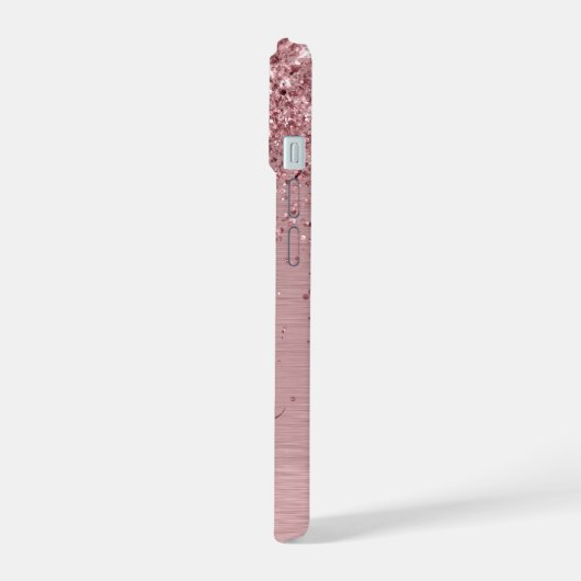 Rosa gebürsteter Glitzer Monogramm Name iPhone 15 Hülle (Linke Seite)