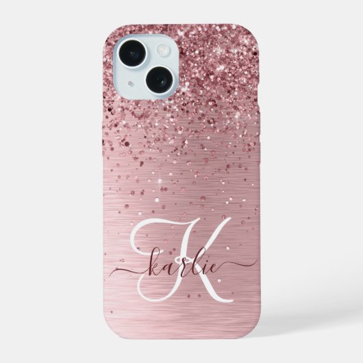 Rosa gebürsteter Glitzer Monogramm Name iPhone 15 Hülle (Rückseite)