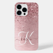 Rosa gebürsteter Glitzer Monogramm Name iPhone Hülle (Rückseite)