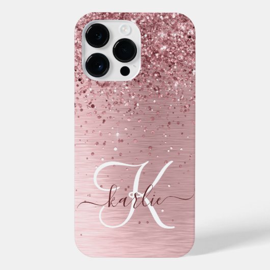 Rosa gebürsteter Glitzer Monogramm Name iPhone Hülle (Rückseite)