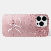 Rosa gebürsteter Glitzer Monogramm Name iPhone Hülle (Rückseite (Horizontal))