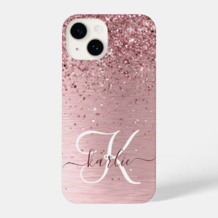 Rosa gebürsteter Glitzer Monogramm Name iPhone 14 Hülle
