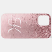 Rosa gebürsteter Glitzer Monogramm Name iPhone Hülle (Hinten horizontal)