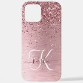 Rosa gebürsteter Glitzer Monogramm Name iPhone Hülle (Rückseite)
