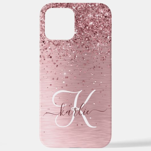 Rosa gebürsteter Glitzer Monogramm Name iPhone Hülle (Rückseite)