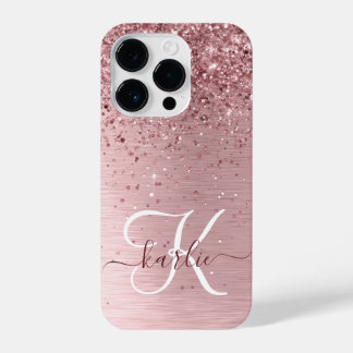 Rosa gebürsteter Glitzer Monogramm Name iPhone 14 Pro Hülle