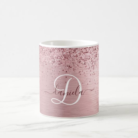 Rosa gebürsteter Glitzer Monogramm Name Kaffeetasse (Mittel)