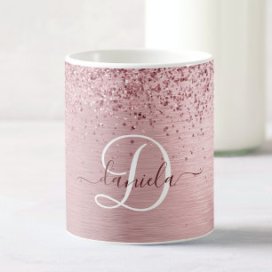 Rosa gebürsteter Glitzer Monogramm Name Kaffeetasse
