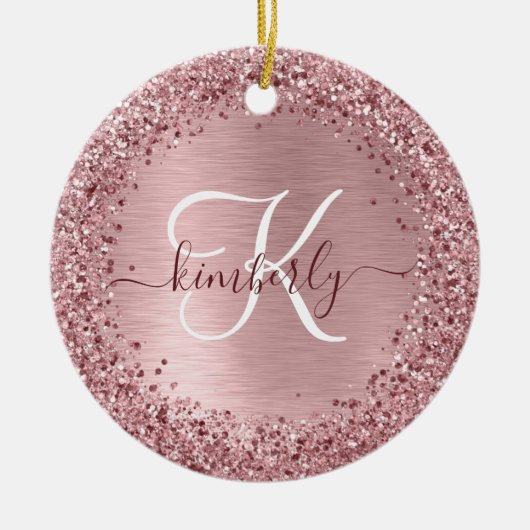 Rosa gebürsteter Glitzer Monogramm Name Keramik Ornament (Vorne)