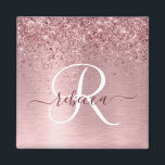 Rosa gebürsteter Glitzer Monogramm Name Magnet<br><div class="desc">Dieses trendige,  schicke Magnetdesign mit hübschem,  schwarz-rosa funkelndem Glitzer auf einem rot-rosa gebürsteten metallischen Hintergrund ist einfach zu personalisieren.</div>