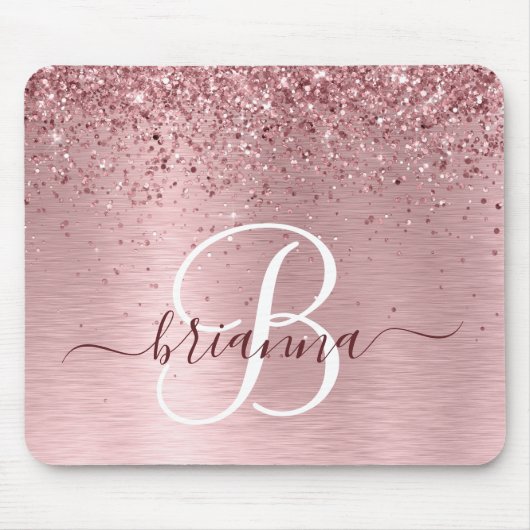 Rosa gebürsteter Glitzer Monogramm Name Mousepad (Vorne)
