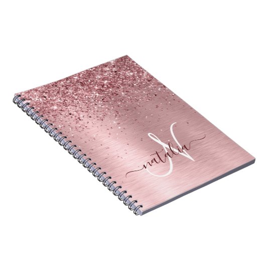 Rosa gebürsteter Glitzer Monogramm Name Notizblock (Rechte Seite)