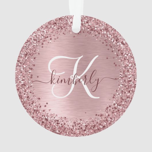 Rosa gebürsteter Glitzer Monogramm Name Ornament (Rückseite)