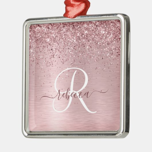 Rosa gebürsteter Glitzer Monogramm Name Ornament Aus Metall (Links)