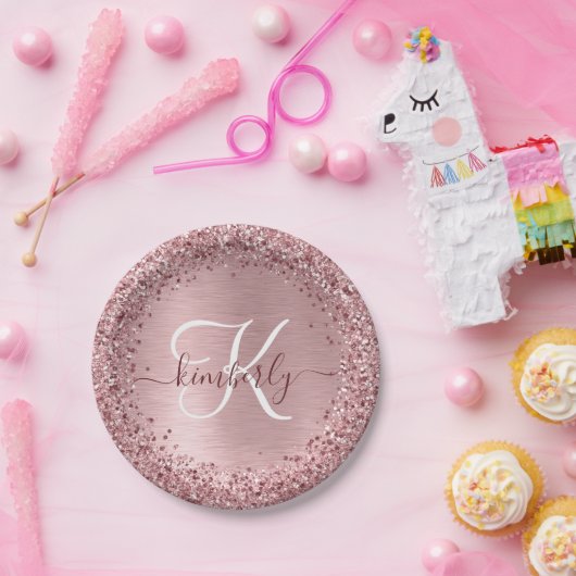 Rosa gebürsteter Glitzer Monogramm Name Pappteller (Party)