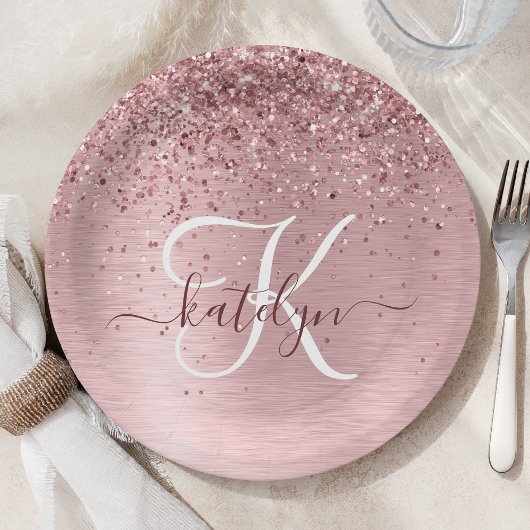 Rosa gebürsteter Glitzer Monogramm Name Pappteller