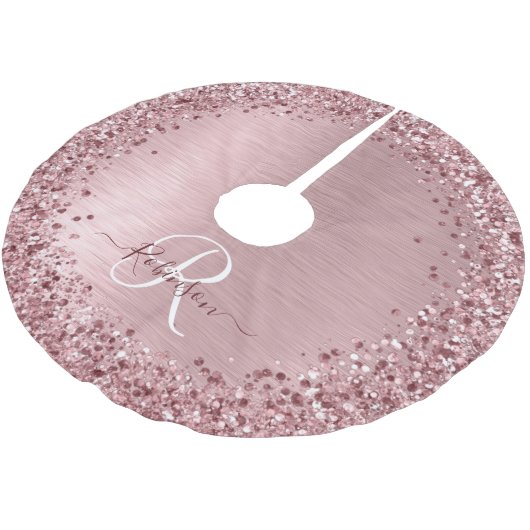 Rosa gebürsteter Glitzer Monogramm Name Polyester Weihnachtsbaumdecke (Schrägansicht)