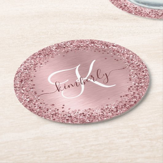 Rosa gebürsteter Glitzer Monogramm Name Runder Pappuntersetzer (Angewinkelt)
