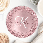 Rosa gebürsteter Glitzer Monogramm Name Runder Pappuntersetzer<br><div class="desc">Dieses schicke Design mit hübschem,  rosafarbenem Glitzer auf einem rot-rosa gebürsteten metallischem Hintergrund verleiht diesem trendigen Untersetzer eine angenehme Note.</div>