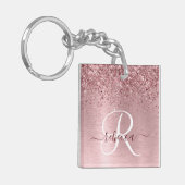 Rosa gebürsteter Glitzer Monogramm Name Schlüsselanhänger (Vorderseite links)