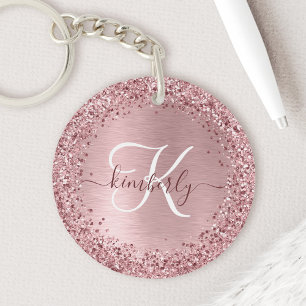 Rosa gebürsteter Glitzer Monogramm Name Schlüsselanhänger