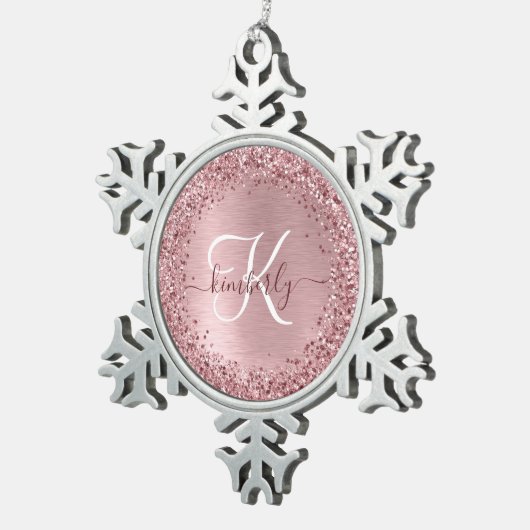 Rosa gebürsteter Glitzer Monogramm Name Schneeflocken Zinn-Ornament (Rechts)