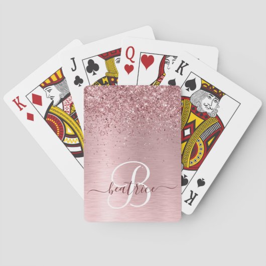 Rosa gebürsteter Glitzer Monogramm Name Spielkarten (Rückseite)
