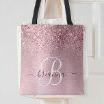 Rosa gebürsteter Glitzer Monogramm Name Tasche<br><div class="desc">Dieses trendige,  schicke Tote-Taschendesign mit hübschem silberglänzenden Glitzer auf einer Rose mit goldgebürstetem metallischem Hintergrund ist einfach zu personalisieren.</div>