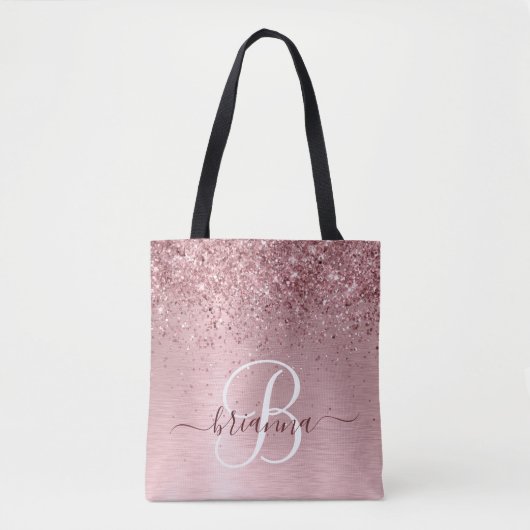 Rosa gebürsteter Glitzer Monogramm Name Tasche (Vorderseite)