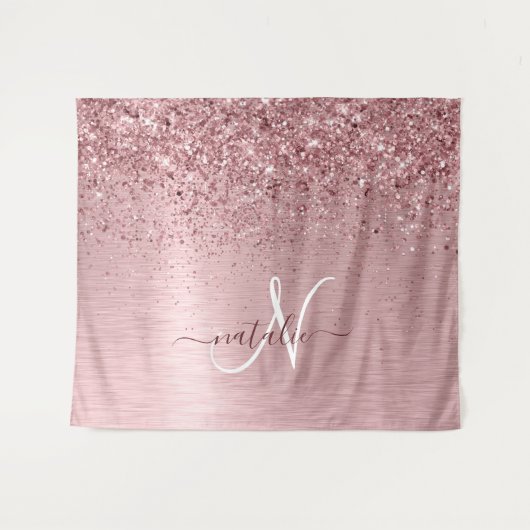 Rosa gebürsteter Glitzer Monogramm Name Wandteppich (Vorderseite (Horizontal))